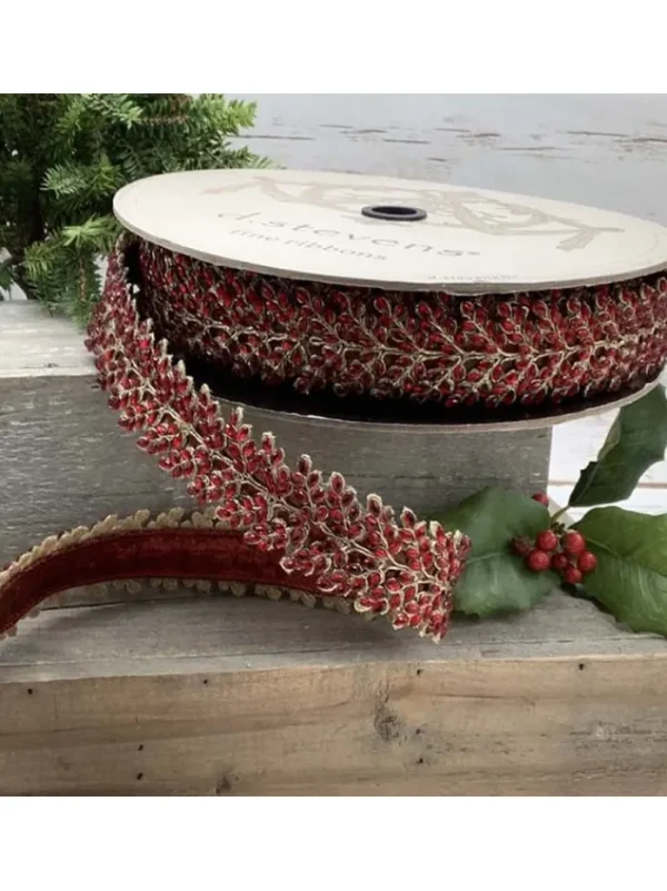 Aldik Home Christmas Ribbon & Fabric<Ruby Crystal Branch 1.5 in. x 10 yd. Dark Red Metallic Dupion
