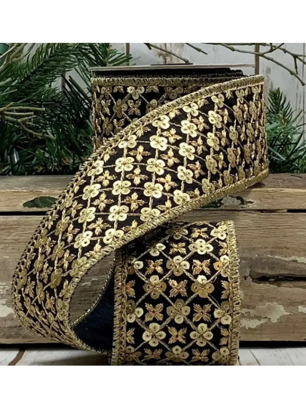 Aldik Home Christmas Ribbon & Fabric<Sequin Trim 2.5 in. x 5 yd. Black W/ Metallic Dupion