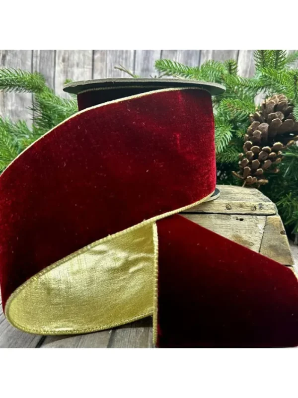 Aldik Home Christmas Ribbon & Fabric<Velvet 4 in. x 10 yd. Ruby w/ Lt. Gold Back