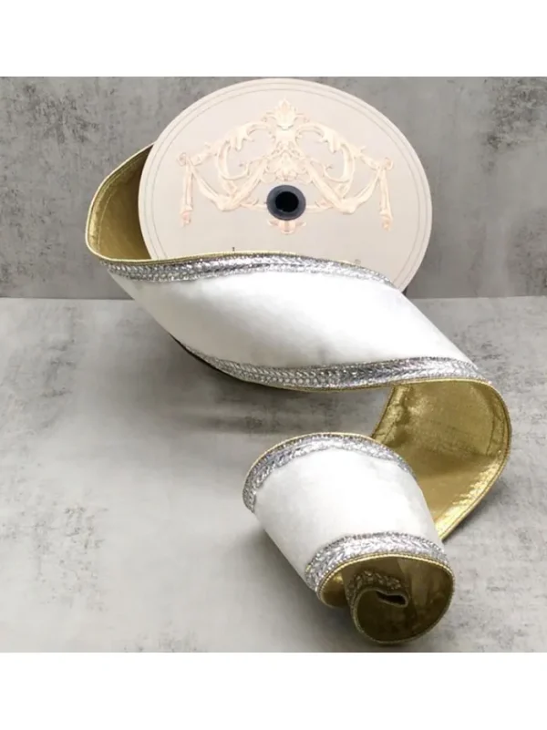Aldik Home Christmas Ribbon & Fabric<Velvet Crystal Jewel Side Trim 4 in. x 10 yd. Winter White