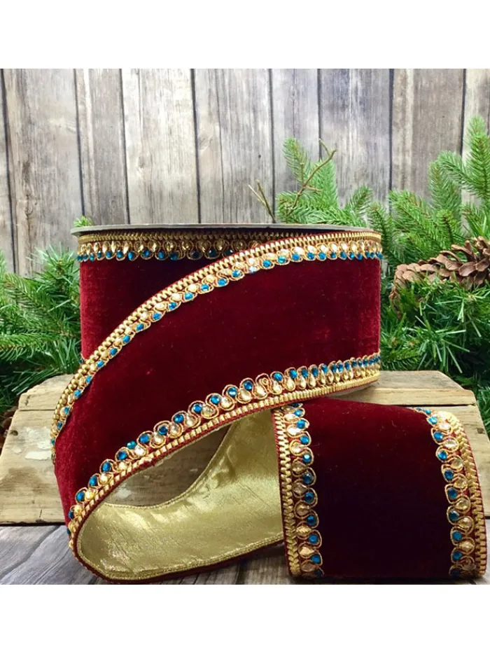 velvet_gold_and_teal_jewe_0.webp Aldik Home Christmas Ribbon & Fabric<Velvet Gold and Teal Jewel Trim 4 in. x 10 yd. Burgundy