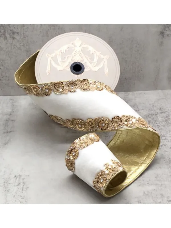 Aldik Home Christmas Ribbon & Fabric<Velvet Gold Jewel Floral Side Trim 4 in. x 5 yd. White